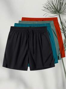 Pantaloni scurți sport pentru bărbați, din poliester, culoare solidă, ușori și respirabili, la modă, de vară, stil boyfriend, pentru ciclism, pantaloni scurți esențiali de baschet, potriviți pentru alergare, fitness, exerciții fizice, camping, călătorii, pantaloni sport la modă cu trei puncte, pantaloni scurți cu buzunar cu fermoar și cordon în talie pentru bărbați - Negru - Vizualizare 2