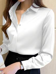 Áo sơ mi nữ dài tay màu đen thanh lịch, chất liệu polyester hơi xuyên thấu, có chi tiết cúc cài, lý tưởng cho mùa xuân/hè/thu. - trắng - Xem 3