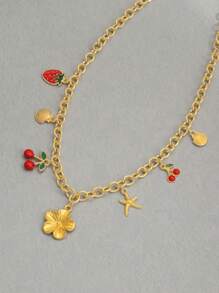1 pièce Collier pendentif en alliage doré à la mode d'été avec combinaison de fleurs, cerises, fraises, coquillages, étoiles de mer. Convient pour un port quotidien, la plage, les fêtes, les festivals de musique. Longueur de chaîne ajustable.