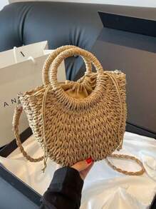 1 pieza Bolso bandolera semicircular tejido con cordón para mujeres, bolso de tote de moda para vacaciones adecuado para viajes y compras diarias, bolso de playa llamativo para el verano, bolso de playa de paja de verano para mujeres