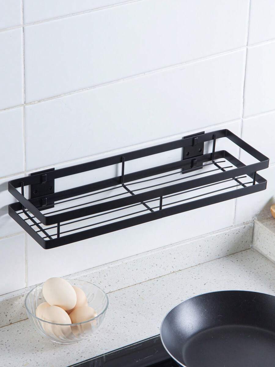 Large Kitchen Spice Jar Storage Rack In Black, Made Of Iron. No Drilling Required, Wall Mounted For Easy Installation. Attach The Adhesive Hooks To The Wall And Hang The Rack. The Rack Has Guard Rails To Store Spice Jars Efficiently And Prevent Them From Falling. - Black - View 1