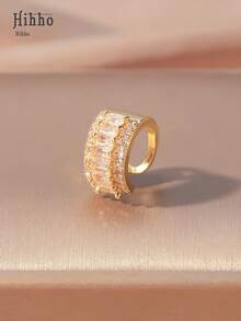 Hihho 1 pieza Pendientes tipo abrazadera de cobre con diseño retro y multicapa de circonita cúbica de moda para mujeres - Amarillo Oro - Ver 4