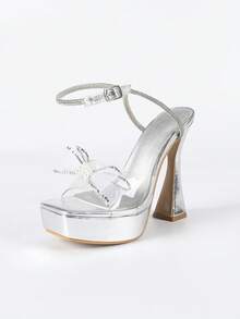 时尚欧美超高跟宴会走秀模特鞋，银色防水台水晶蝴蝶结粗跟方头系带凉鞋