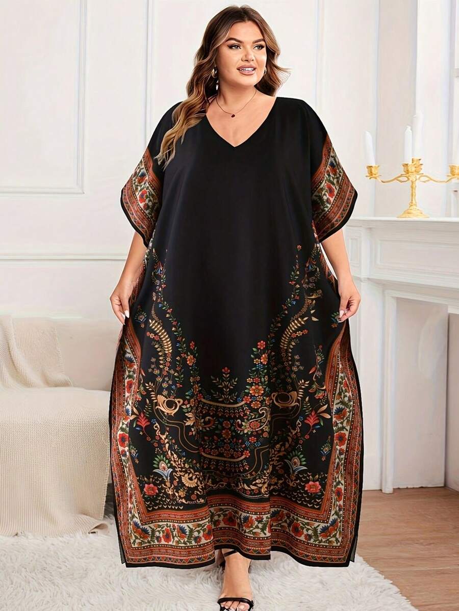 Vestidos Kaftan Plus Size para Mulheres, Estampa Caftan, Cobertura para Banho, Vestido Casual Longo Tipo Praia Maxi