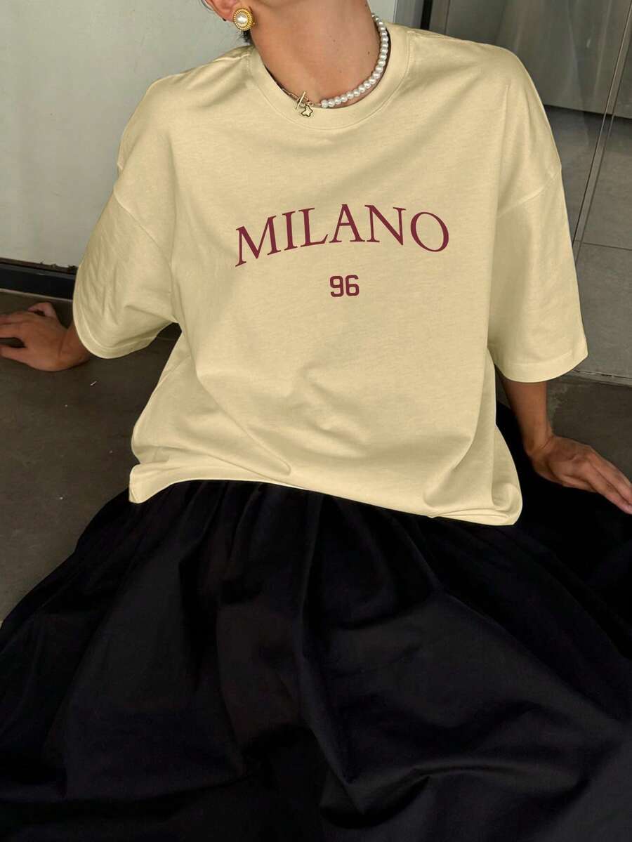 男女通用时尚休闲通勤街头潮流春夏男友风米兰图案印花圆领短袖T恤 - 卡其色 - 查看 1
