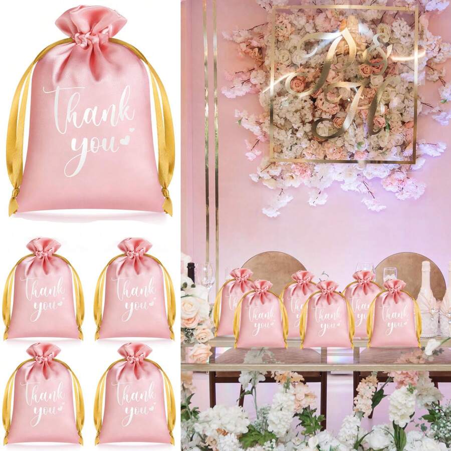 5/10/15 件谢谢缎面礼品袋派对袋填充物 4 X 6/5 X 7 英寸婚礼抽绳珠宝袋小糖果袋适用于宾客婚礼生日商务派对回礼 - 彩色 - 查看 1