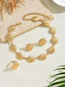 1 Set de Joyas con Colgante, Aretes y Anillo con Diseño Minimalista de Concha Marina, Regalo de Accesorios con Temática Oceánica para Vacaciones/Citas para Mujeres