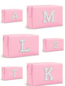 Borsa da trucco ottagonale da donna in PU con lettere, borsa cosmetica portatile in chenille con lettera iniziale in PU, impermeabile, per il viaggio, con cerniera, adatta per la decorazione della casa in autunno, atmosfera bohémien, vacanze, spiaggia, bagno, camera da letto, grande capacità