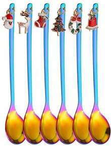 6PCS不锈钢圣诞勺高美咖啡勺甜品勺叉跨境圣诞挂件勺叉手持礼物精美圣诞节咖啡勺水果叉餐具套装 - 彩色 - 查看 7