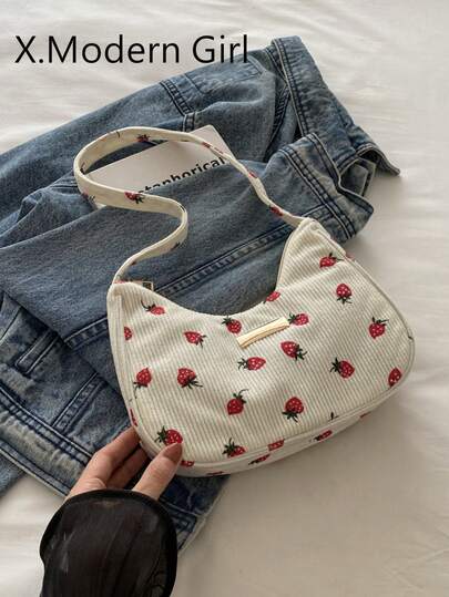 Fashionable Versatile Solid Color New Floral Print Shoulder Bag, Casual Minimalist Baguette Small Square Bag For Women