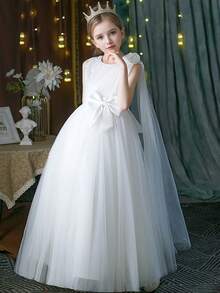 少女香槟色蝴蝶结网眼派对礼服，优雅公主裙，生日礼物，庆典，派对，婚礼伴娘花童礼服 - 白色 - 查看 5