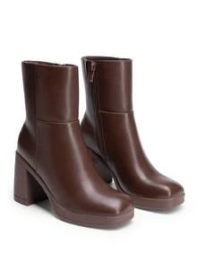 Women's Platform Gogo Ankle Boots Chunky High Heels Square Toe Comfort Party Dress Side Zipper Booties Shoes For Women - 棕色 - 查看 5