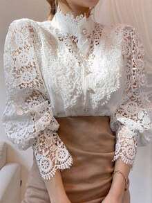Women's Lace Blouse, Long Sleeve Shirt With Lace Buttons - trắng - Xem 2