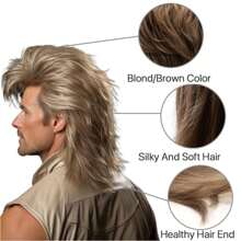 Men'S Medium-Length Curly Brown Wig, 80S Style, Heat-Resistant, Suitable For Halloween Costumes And Party Wear. - Khaki - View 3