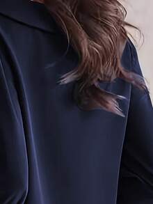 女士优雅黑色长袖衬衫，半透明涤纶，纽扣细节，适合春/夏/秋季 - 藍色 - 查看 3