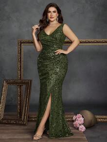 Elisanya Vestido de fiesta, lujo, de alta calidad, estilo sirena, con hendidura alta, cuello en V sexy, brillos y tela elástica, para mujer talla grande, elegante y encantador, perfecto para fiestas, banquetes y damas de honor, versión de lujo