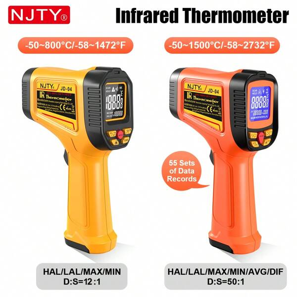 NJTY 1pc Professional Industrial Infrared Thermometer For Industrial Use, High And Low Temp Alarm, 2 Laser Targeting, Accurate Laser Surface Temperature Reader, 800℃/1500 ℃ For Selection
