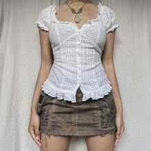 Women's Eyelet Detail Ruffle Trim Crop Top, Short Sleeve Button-Down Blouse - White - View 1