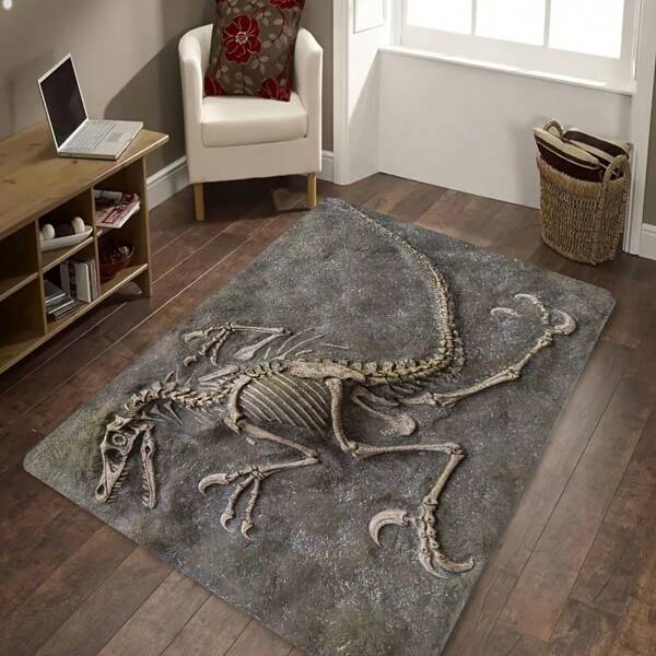 [Machine Washable] Soft Plush Dinosaur Fossil Pattern Rug, Thick And Soft Plush Washable Floor Mat For Living Room, Bedroom, Kitchen, Entryway, Gray Textured Dinosaur Room Decor