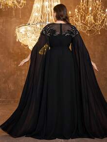 SUPGIR Abendkleid für Damen in Große Größen mit rundem Ausschnitt, Pailletten-Taillengürtel und Chiffon - Schwarz - Übersicht 2