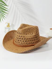 1pc Unisex Solid Hollow Out Cowgirl Hat Sun Hat Wide Brim Handmade Sun Visor Windproof Rope Cowboy Hat Perfect Beach Hat Straw Hat For Outdoor - Multicolor - View 7