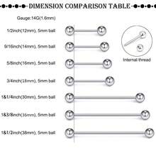 2 件乳头舌软骨环，男女适用，不锈钢杠铃 14 号 5 毫米球形乳头棒穿孔饰品