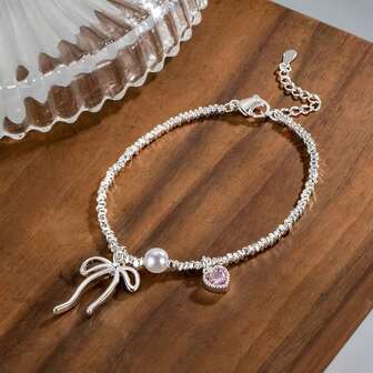 Brazalete de corazón rosado con lazo estilo niña dulce, nuevo collar de perlas rotas de plata estilo chino de moda de nicho
