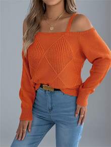 Women Open Shoulder Off Shoulder Plaid Print Long Sleeve Pullover Sweater, Autumn/Winter - Orange - View 4