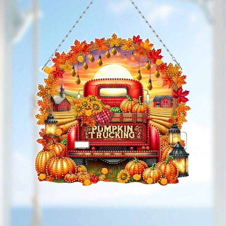 DIY Acrylic Diamond Painting Hanging Decor - Halloween Autumn Truck - Multicolor - View 1