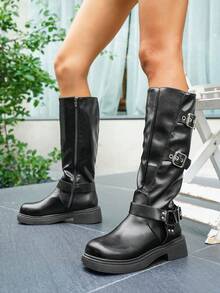 FVPFVP 2024 Botas altas de invierno con hebilla, botas altas de tubo recto ajustadas hasta la rodilla, color marrón para mujer, botas negras - Negro - Ver 7