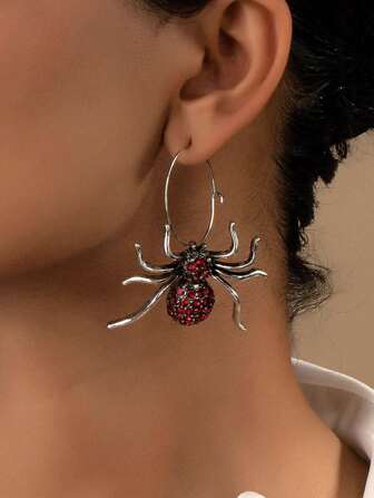 一对创意红蜘蛛水钻耳环，万圣节独特暗黑风格，小众节日礼物