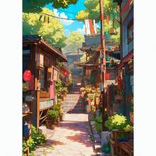 1幅日式街景樱花建筑帆布海报，适合现代客厅家居装饰，秋季风格 - 彩色 - 查看 29