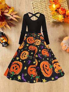 万圣节南瓜骷髅印花圆领交叉带高腰拼接长袖喇叭裙配丝带 - 橘色 - 查看 2