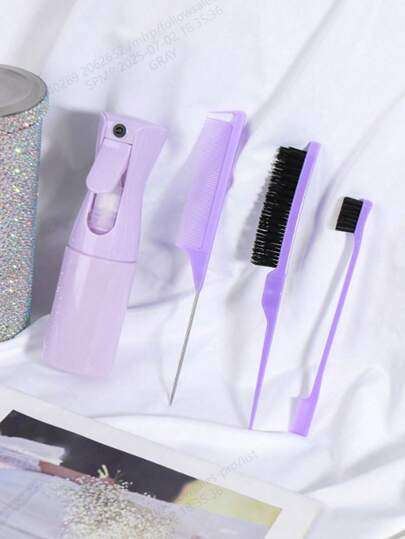 4PCS/Hairdressing Tool Set And Continuous Spray Bottle (6.8 Ounces/200 Ml), Superfine Spray Bottle And Edge Bristle Brush Mousetail Comb Brush Set, Used For Smoothing Hair, Hairstyle, Cleaning, Salon, Back To School, Travel And Vacation Necessities, Female Hair Accessories, Brushes, Combs, Edge Brushes, Bristles, Ball Brushes, Mini Combs