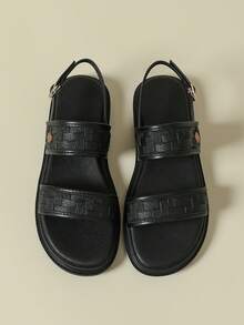 Giày sandal nữ đế dày, quai cài, khóa cài, họa tiết dệt không đều, phong cách retro bohemian, hở mũi, thoải mái, thoáng khí, thích hợp đi ngoài trời, đi biển, bộ sưu tập Xuân/Hè 2026, sandal La Mã quai ngang màu đen, mũi tròn, họa tiết dệt không đều, cỡ lớn 41-43. - màu đen - Xem 6