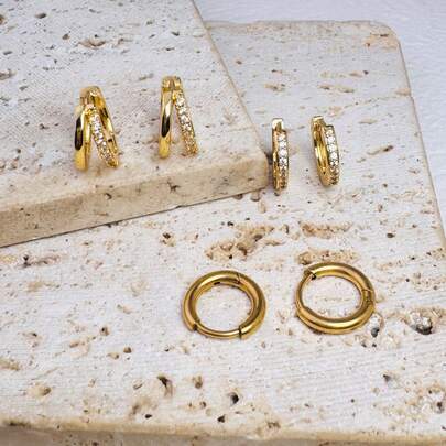 6pcs 14K Gold Plated Double Layer Small Hoop Earrings, Inlaid With Cubic Zirconia, Low Allergy, Suitable For Ear Cartilage, Earlobe, Helix And Other Pierced Areas, For Women And Girls