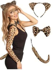 3pcs Cute Cheetah Costume Accessories Set - Includes Cat Ear Headband, Tail, And Bowknot, Suitable For Carnival, Masquerade, And Parties.