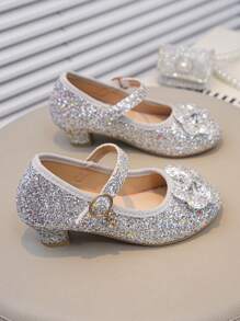 1 paire de chaussures à talons hauts avec nœud paillettes pour filles, nouvelles chaussures de princesse élégantes pour le printemps/été, polyvalentes et confortables, convenant aux représentations, défilés et occasions formelles, avec fermeture à boucle et à crochet réglable