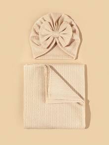 2件套新生儿婴儿襁褓毯和帽子套装，婴儿包巾毯和针织帽套装，适合0-6个月的女婴 - 彩色 - 查看 14