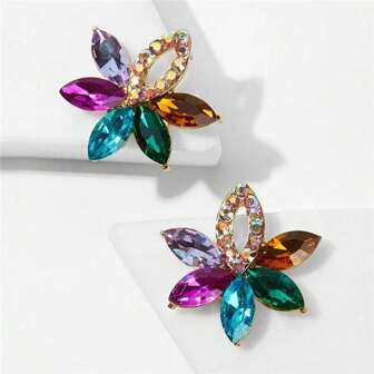 1pair Cross-Border Exaggerated Flower-Shaped Colorful Water-Drop Stud Earrings, Elegant Flower-Shaped Earrings With Rhinestones Valentines,Mom,Mother,Mother's Day,Gift