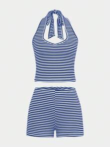 Women's Two Pieces Sports And Leisure Home Halter Vest Shorts Color Striped Suit - Dark Blue With White Stripes - View 9
