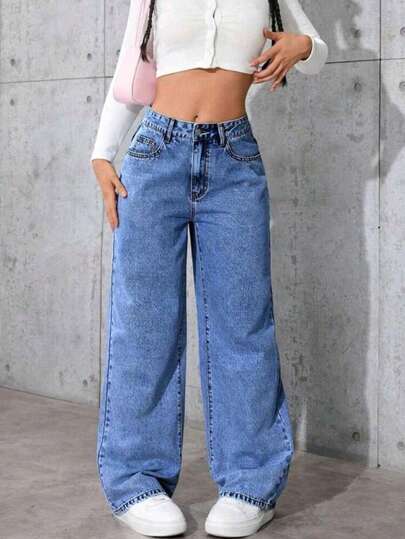 Jeans droits à taille haute décontractés pour filles, polyvalents et adaptés aux sorties