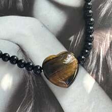 1 pieza de collar con cuentas de ágata negra y colgante de ojo de tigre con forma de corazón, collar de cuentas de ágata negra, collar diario de estilo bohemio