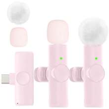 Wireless Lavalier Microphone With Noise Reduction Cover Plug-Play Professional Noise Reduction Recording Clip Mic Plug-Play 2.4G Ultra-Low Delay Built-In Noise Reduction Chip Working Time,Wireless Mic For PC,IOS, Andriod,Record Vlogs,Live Stream Pink