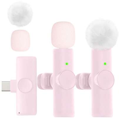 Micrófono inalámbrico de solapa de 2.4G con cancelación de ruido, plug and play, micrófono de solapa profesional con cancelación de ruido, baja latencia, larga duración de la batería, compatible con PC, iOS, Android, adecuado para vlogging, transmisión en vivo, rosa, 50mAh