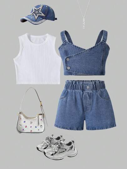 3pcs/Set Girls' Cute Minimalist Tank Top, Denim Vest, Stylish Denim Shorts Set, Summer Collection