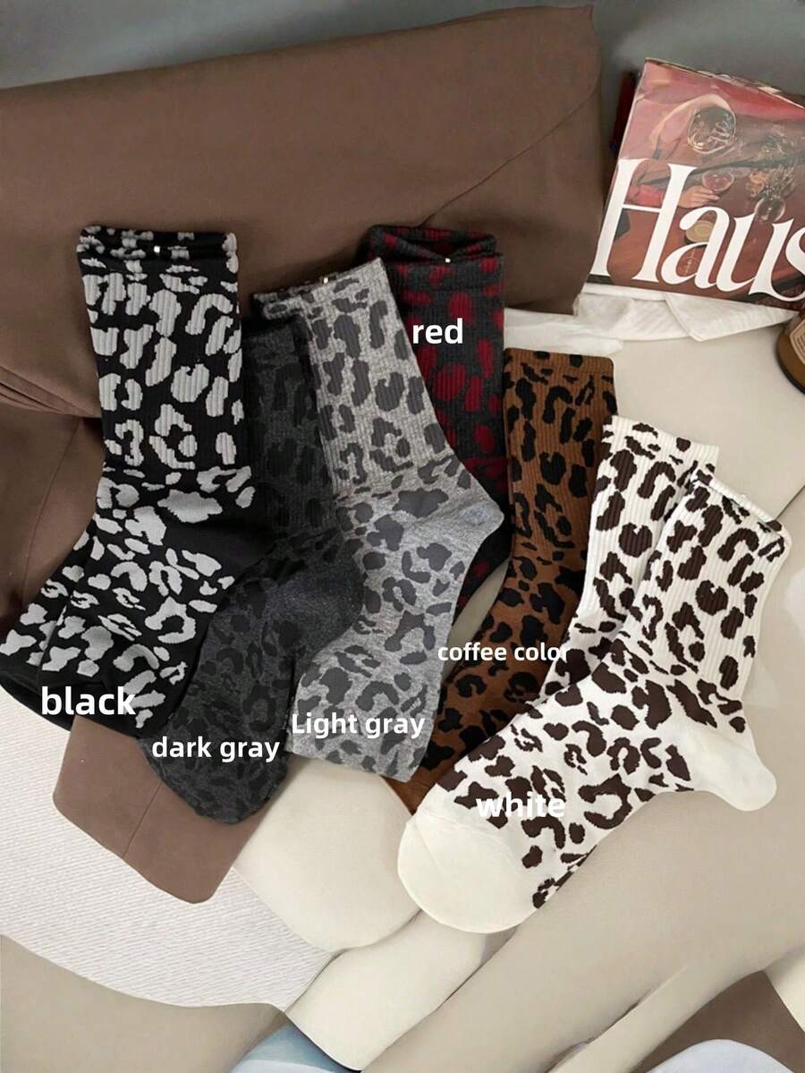 1 Pair Leopard Print Socks, Women's Mid-Calf Socks, Brown Leopard Print Pile Socks, Grey Long Socks, Sporty Socks, Women's Matching German Training Shoes - Multicolor - View 1
