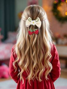 1 件女孩可爱草莓蝴蝶结发夹，配可爱草莓球尾和花朵装饰，花卉刺绣米色蕾丝蝴蝶结发夹 - 迷人甜美水果风格，适合日常穿着、学校、派对和春夏 - 彩色 - 查看 10