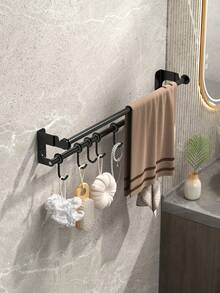 1个带挂钩的自粘式毛巾架，壁挂式毛巾杆，浴室毛巾架，浴室和厨房收纳架，浴室配件，浴室工具 - 黑色 - 查看 1