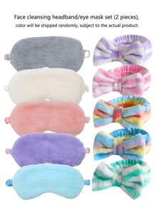 2 件/套返校毛绒睡眠眼罩和蝴蝶结头带套装，柔软涤纶亚克力绒毛遮阳罩，弹性头带，无电源派对礼物，适合水疗、睡衣派对和单身派对用品，适合旅行、办公室、飞机、火车、私家车、户外休息、化妆、洗漱用品，1 套（2 件）洗面奶头带眼罩，随机颜色旅行必备度假睡眠面罩
